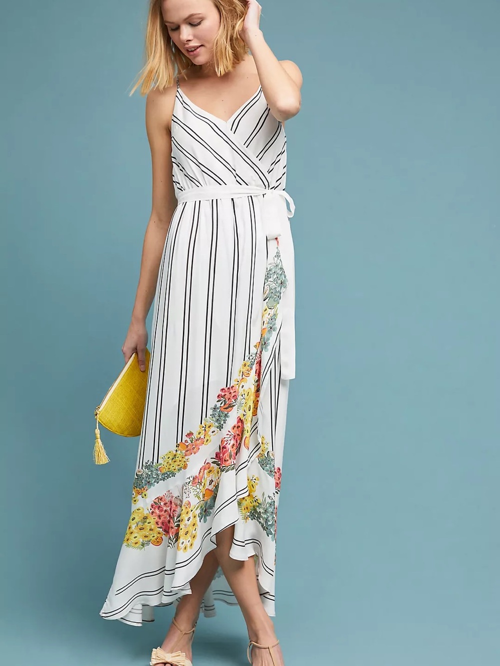 FARM Rio White Striped Maxi Dress with Yellow & Orange Floral